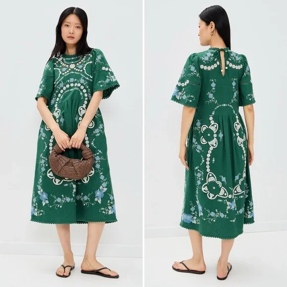 SEA New York Vesna Embroidered Midi Dress Green Floral Cotton Linen Size Small - Picture 8 of 16